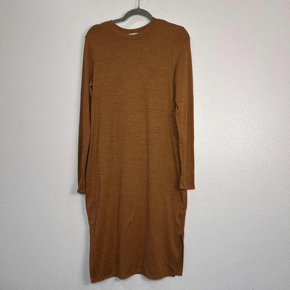Prologue Caramel Brown Long Sleeve Midi Dress Crew Neck Side Slit Size M